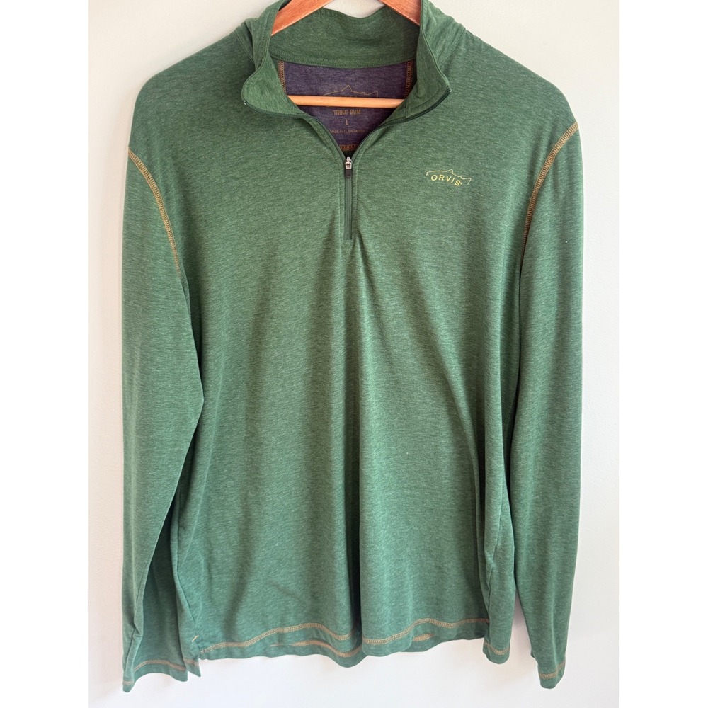 Orvis Trout Bum Mens Large Green Heather Quarter Zip Pullover Long Sleeve Shirt